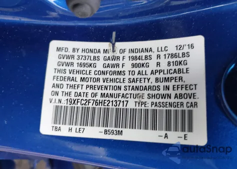 2017 Honda Civic Ex z USA, uszkodzony, nr VIN 19XFC2F76HE213717